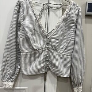 Striped V Neck Tie Back Cropped Blouse Lace Trim Smocked Waist Puff‎ Sleeve